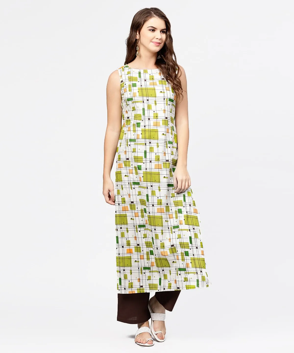 Off White & Green Printed Sleeveless Cotton Kurta With Coffee Ankle Length Pallazo