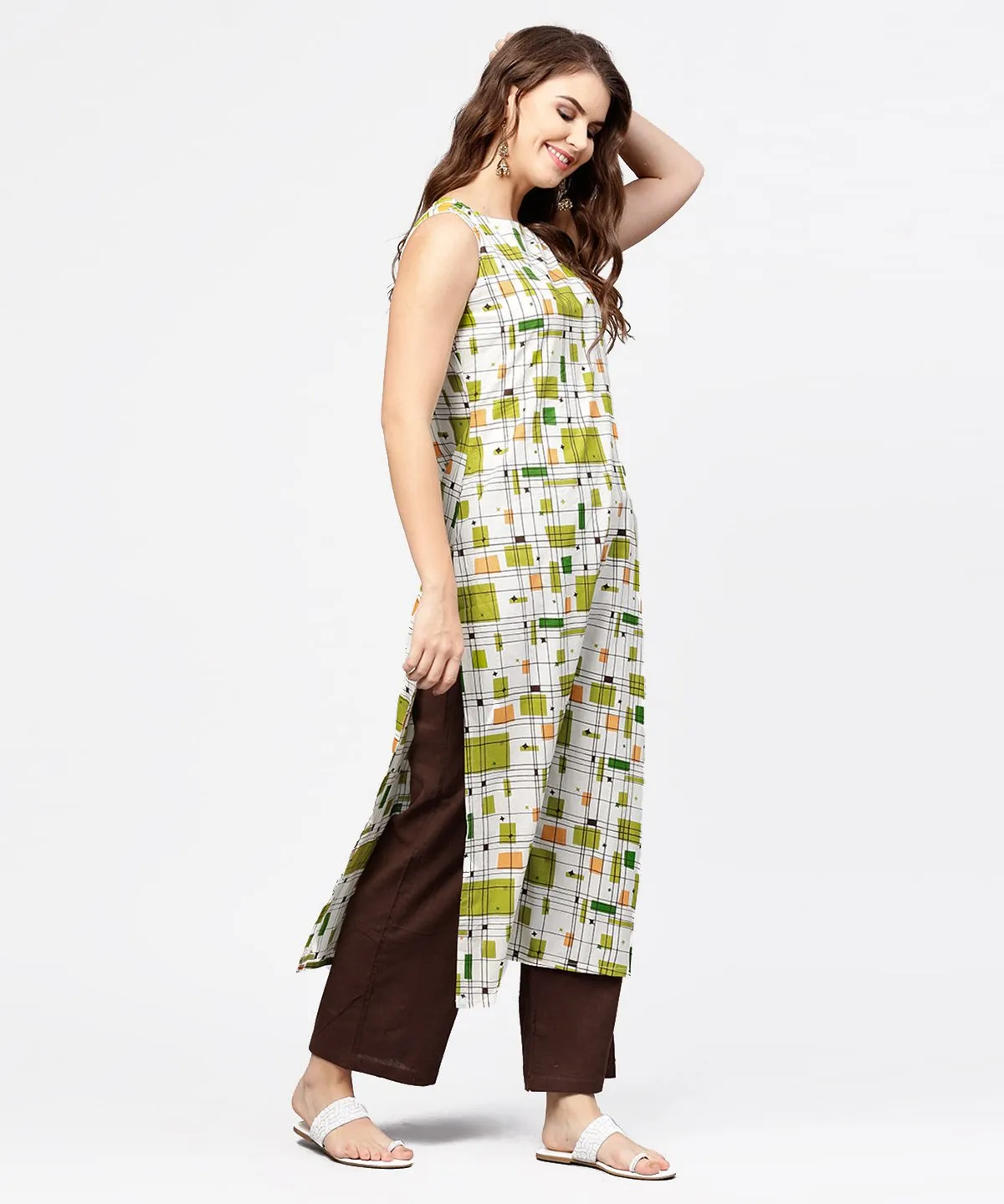 Off White & Green Printed Sleeveless Cotton Kurta With Coffee Ankle Length Pallazo