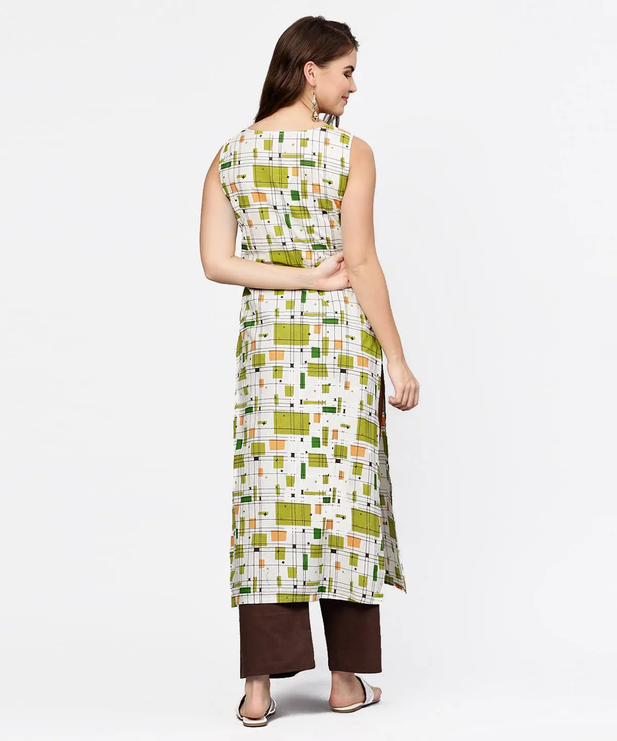 Off White & Green Printed Sleeveless Cotton Kurta With Coffee Ankle Length Pallazo
