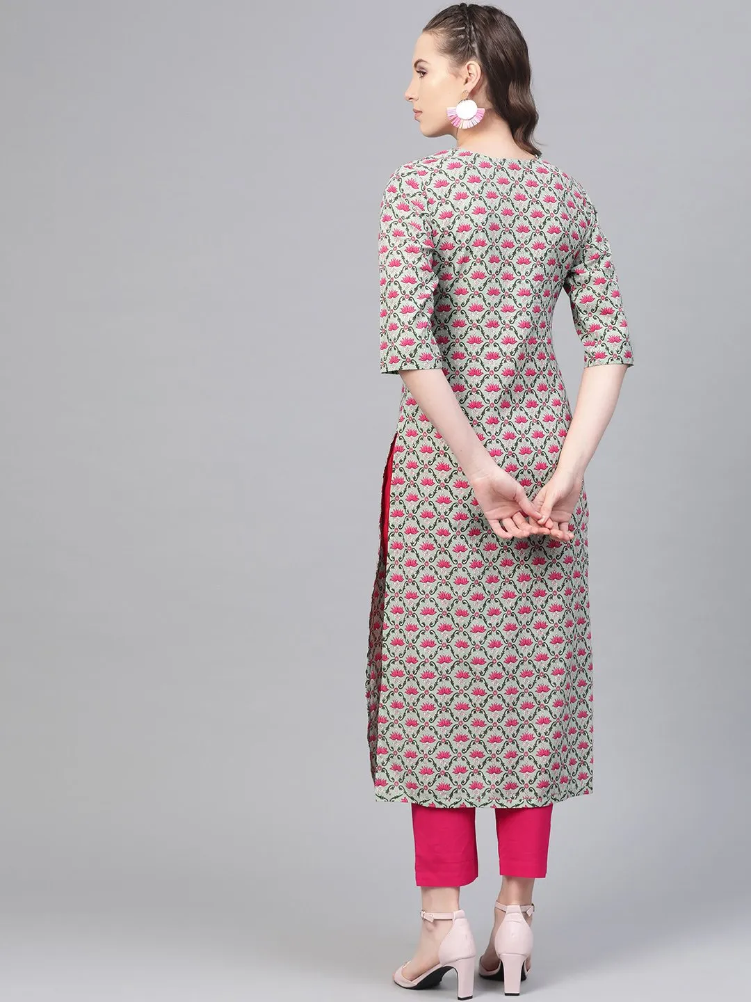 Pastel Green & Magenta Printed Straight Kurta With Pant