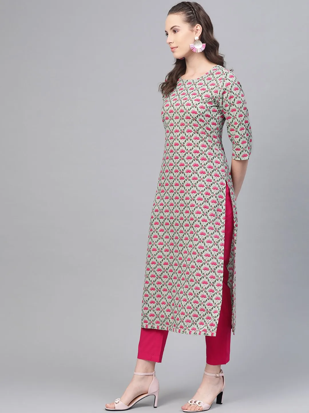 Pastel Green & Magenta Printed Straight Kurta With Pant