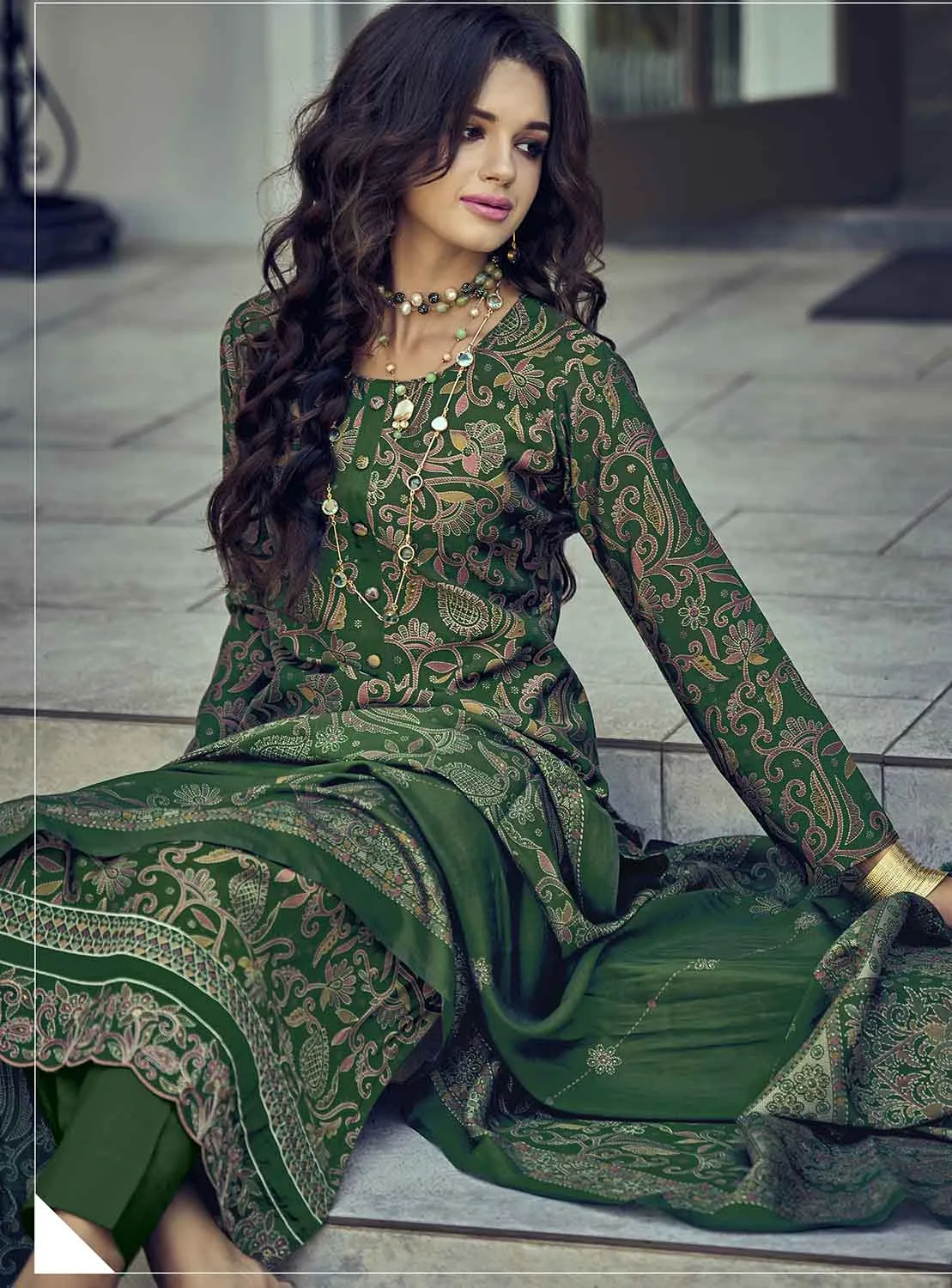 Pure Muslin Green Unstitched Suit Material with Fancy Embroidery