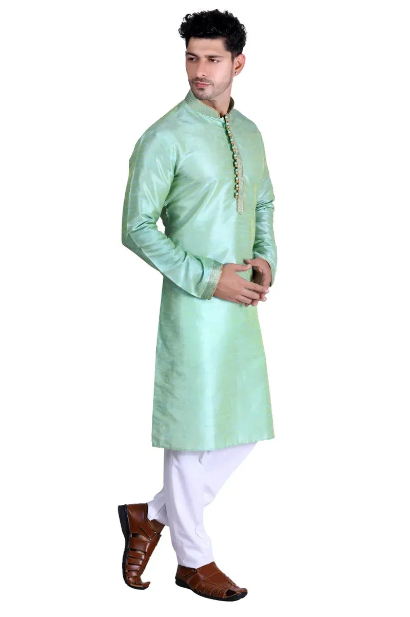 Royal Men's Embroidered Pure Silk Kurta Pajama Set - Light Green