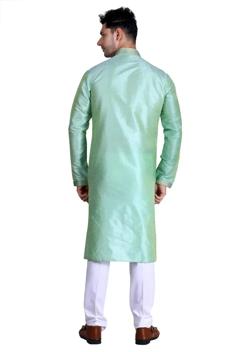 Royal Men's Embroidered Pure Silk Kurta Pajama Set - Light Green