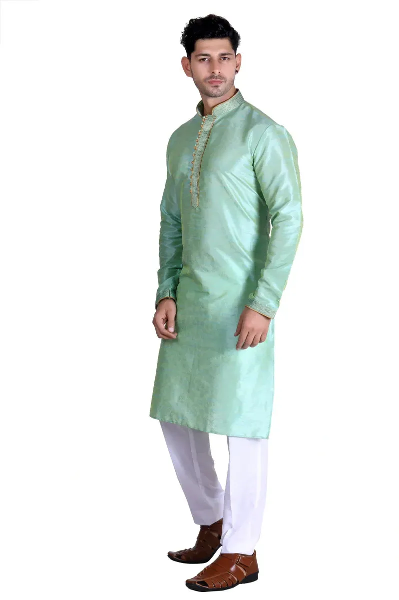 Royal Men's Embroidered Pure Silk Kurta Pajama Set - Light Green
