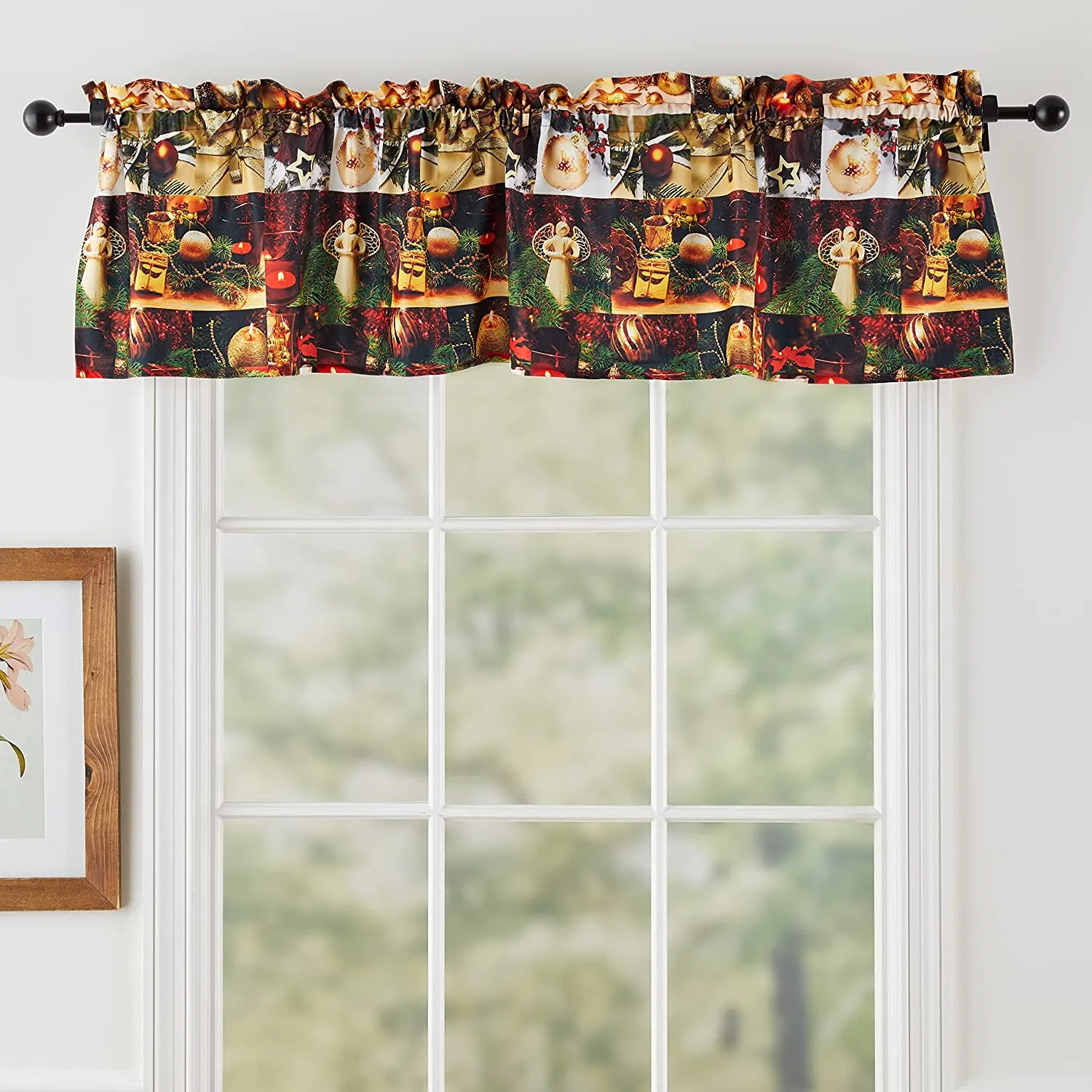 Seasonal Christmas Splendours Pattern Decorative Window Treatment Rod Pocket Curtain Straight Valance