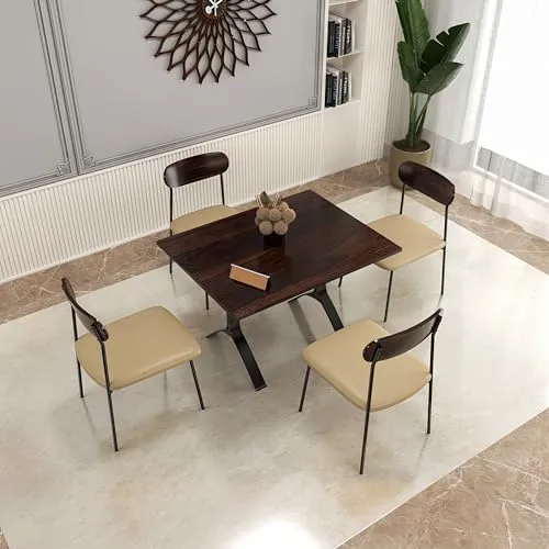 SIYARA DESIGN Elixir Solid Sheesham Wood Dining Table 4 Seater with Iron Leg Chair for Living Room | Sheesham Wood Dining Set | Hotel Restaurant Dining Set | (Walnut, Black Legs)