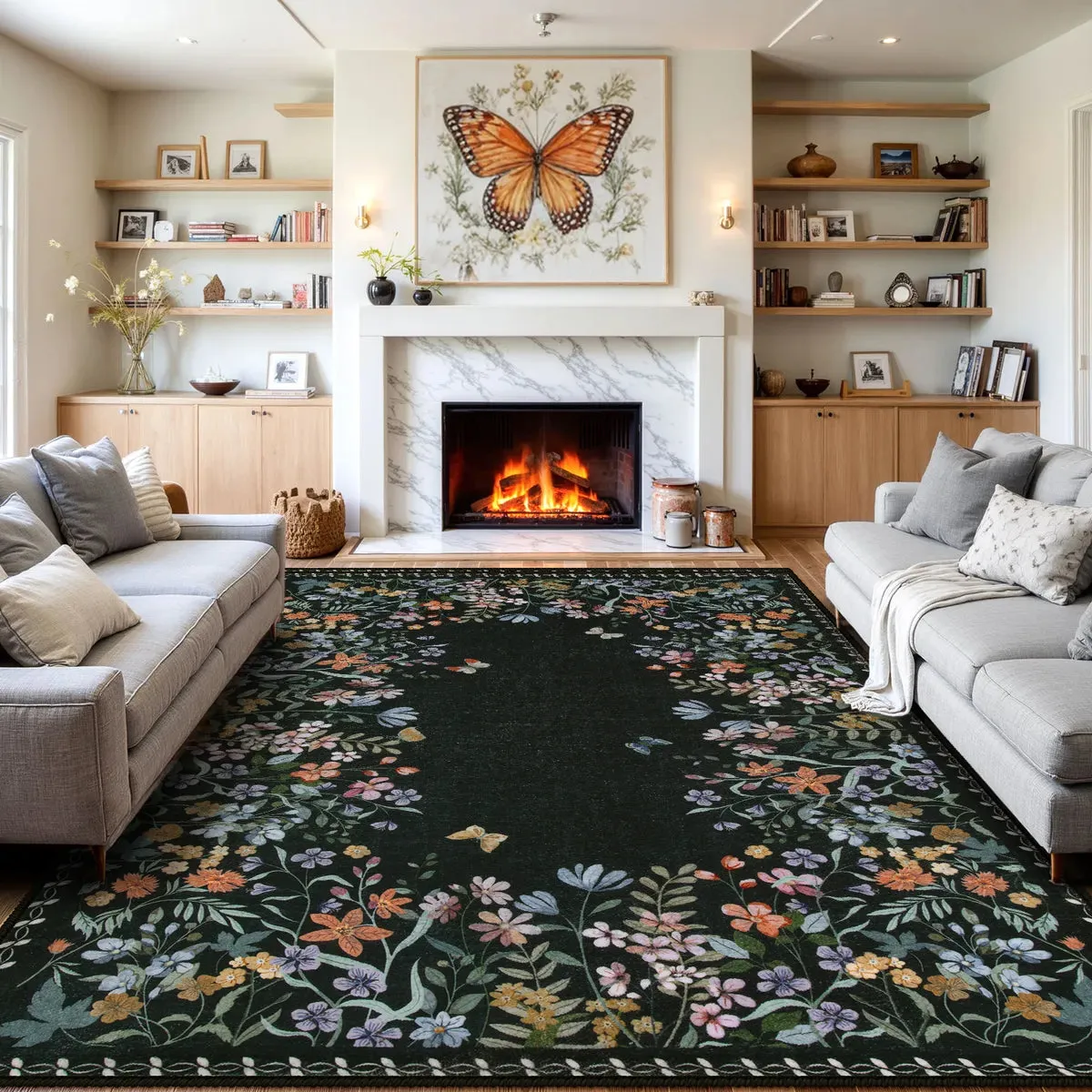 Solene Modern Blooming Floral Garden Black Area Rug