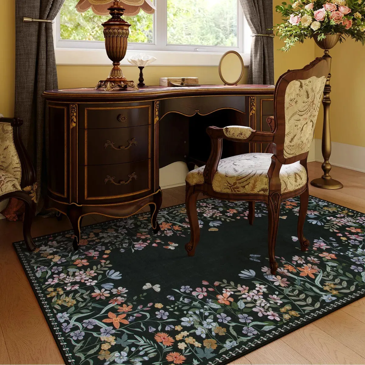 Solene Modern Blooming Floral Garden Black Area Rug