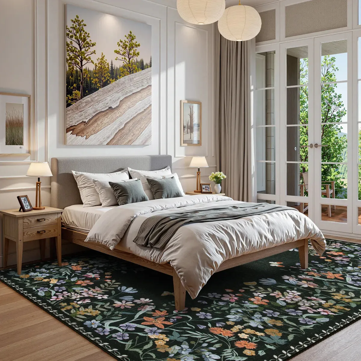 Solene Modern Blooming Floral Garden Black Area Rug