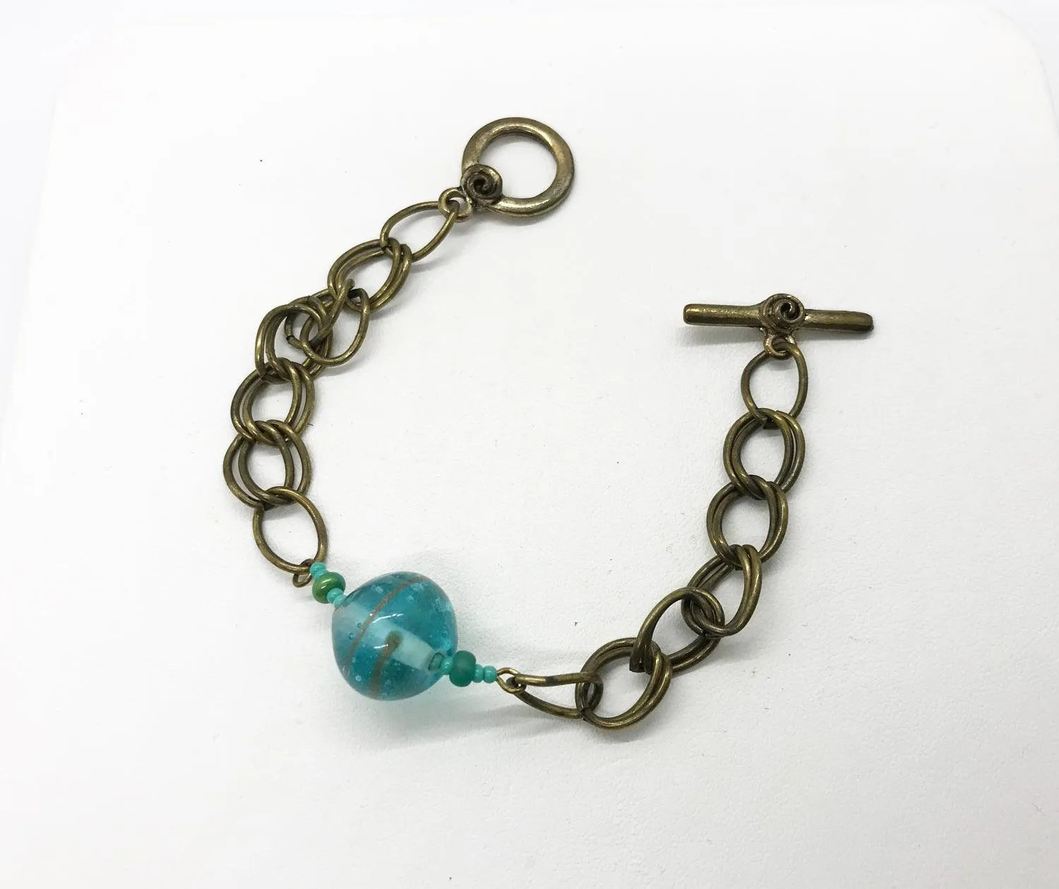 Unique Vintage Double Link Bracelet with Clear Aqua Blue Marble