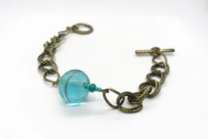 Unique Vintage Double Link Bracelet with Clear Aqua Blue Marble