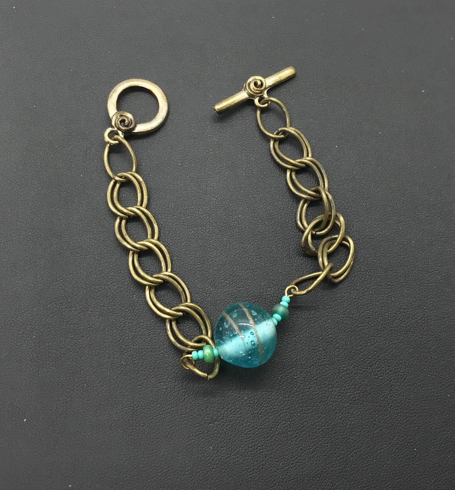 Unique Vintage Double Link Bracelet with Clear Aqua Blue Marble