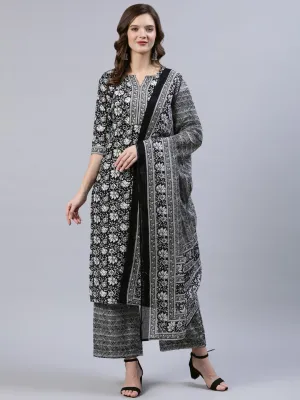 Women Black & Whites Floral Printed Straight Kurta With Palazo & Dupatta