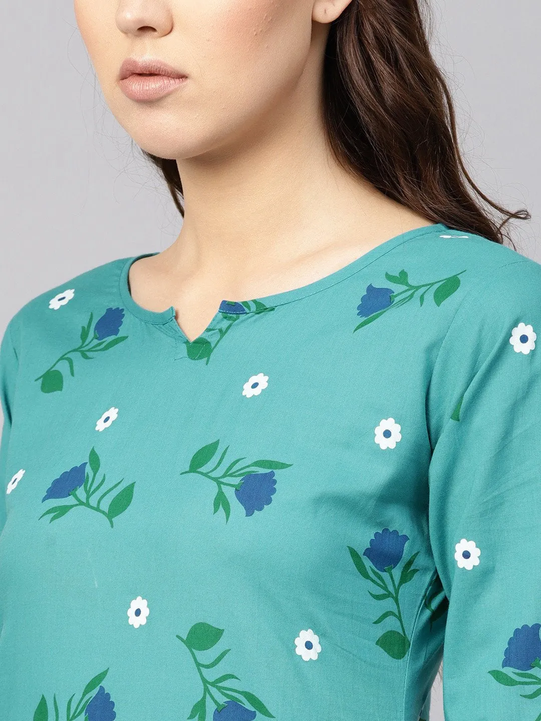 Women Green & Peach-Coloured Printed Kurta With Trousers & Dupatta