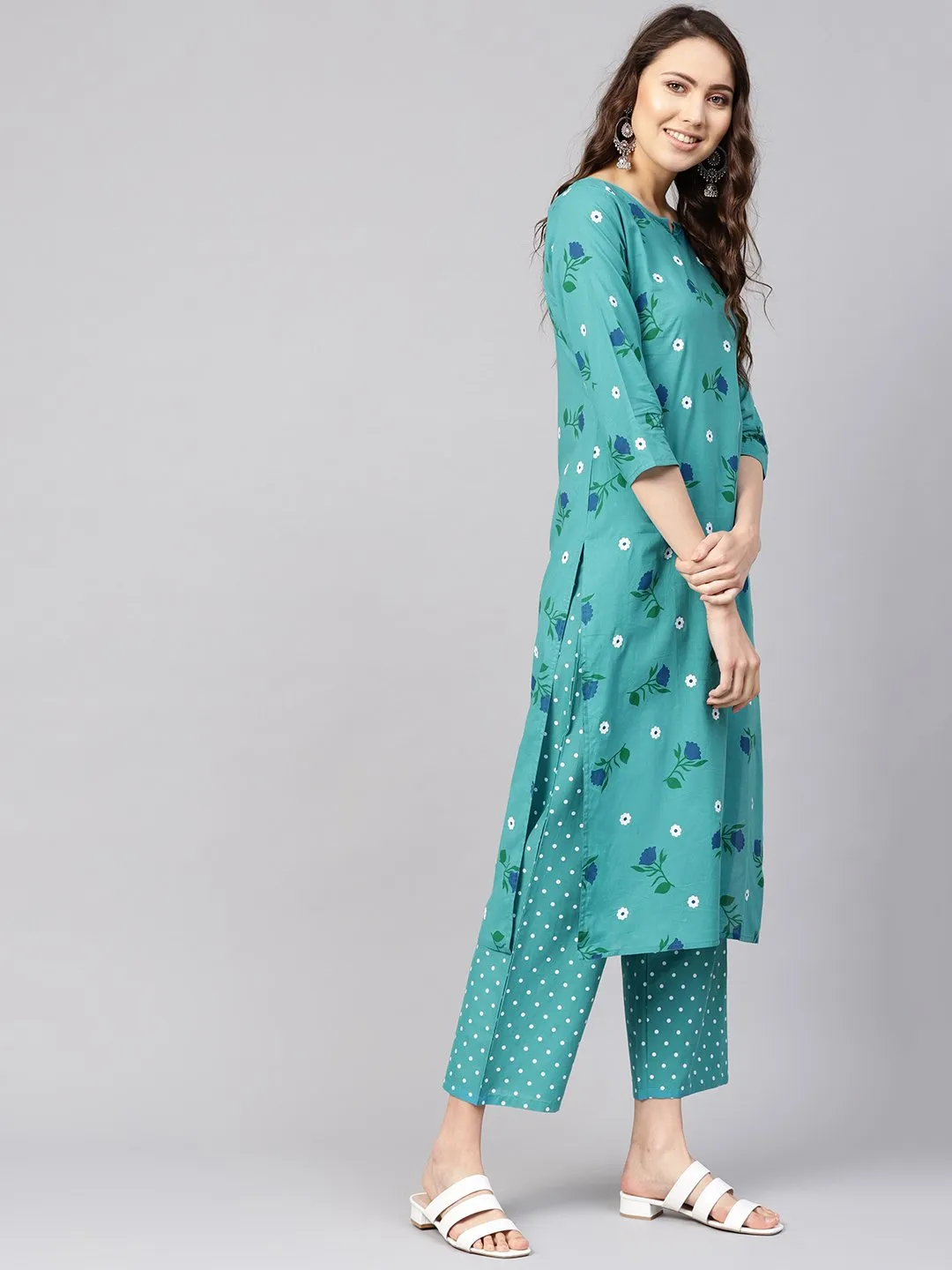 Women Green & Peach-Coloured Printed Kurta With Trousers & Dupatta
