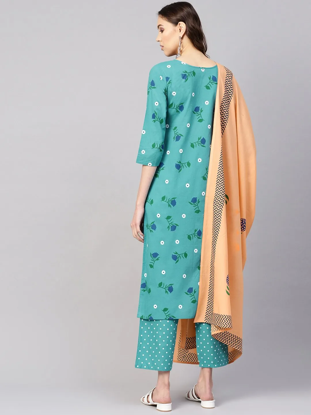 Women Green & Peach-Coloured Printed Kurta With Trousers & Dupatta