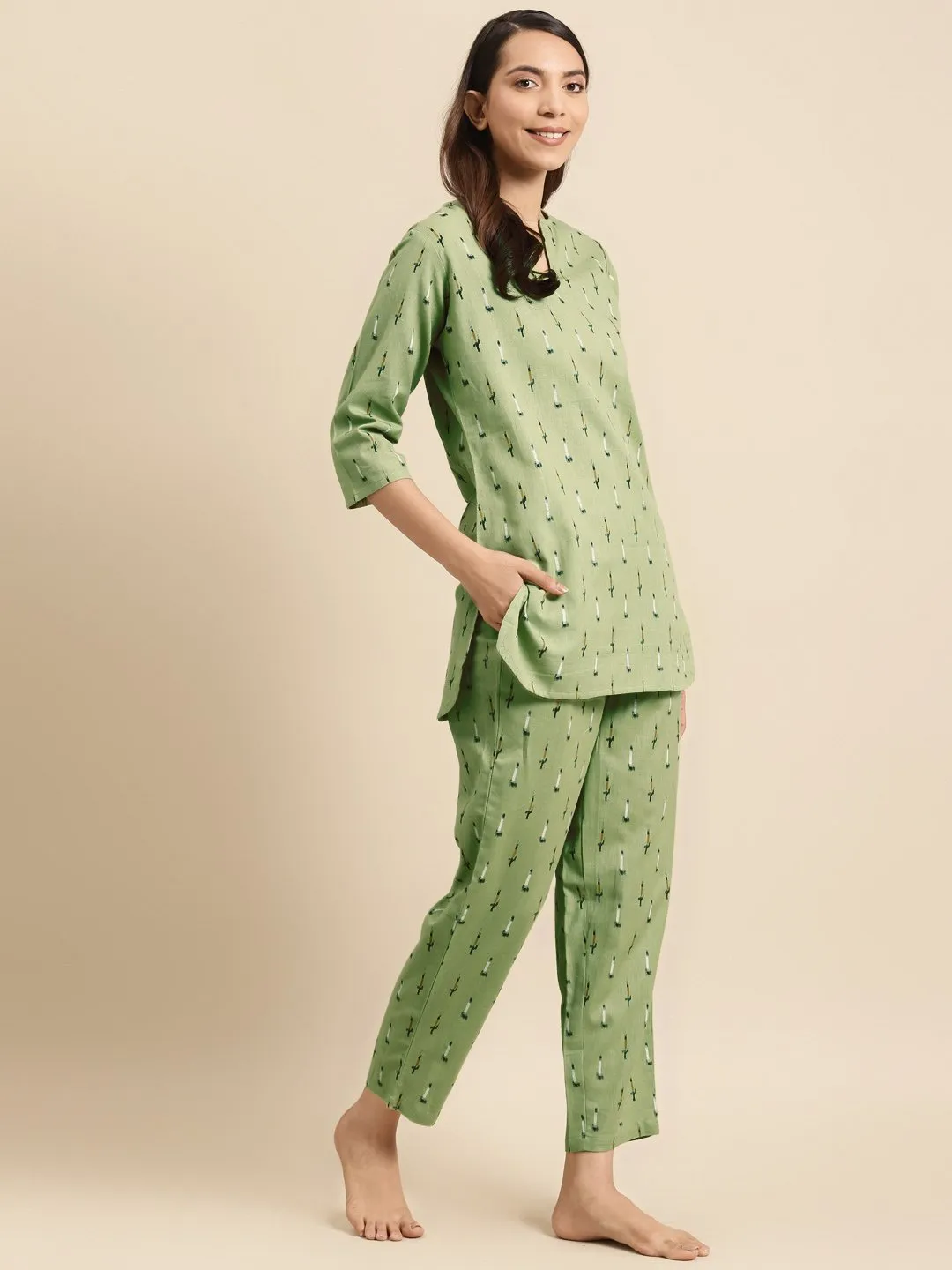 Womens Olive Green Ikat Printed Night Suit