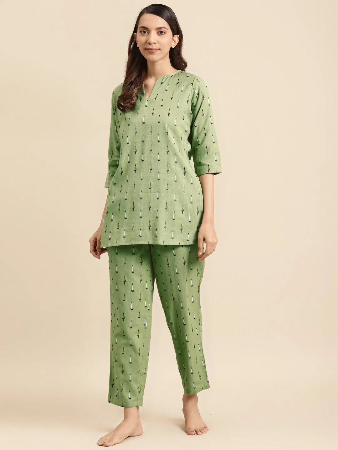 Womens Olive Green Ikat Printed Night Suit