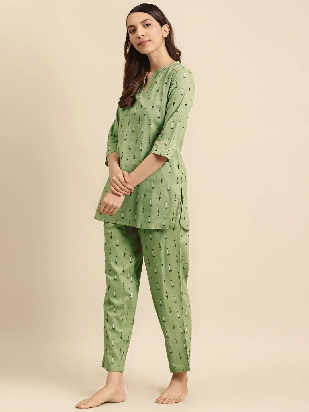 Womens Olive Green Ikat Printed Night Suit