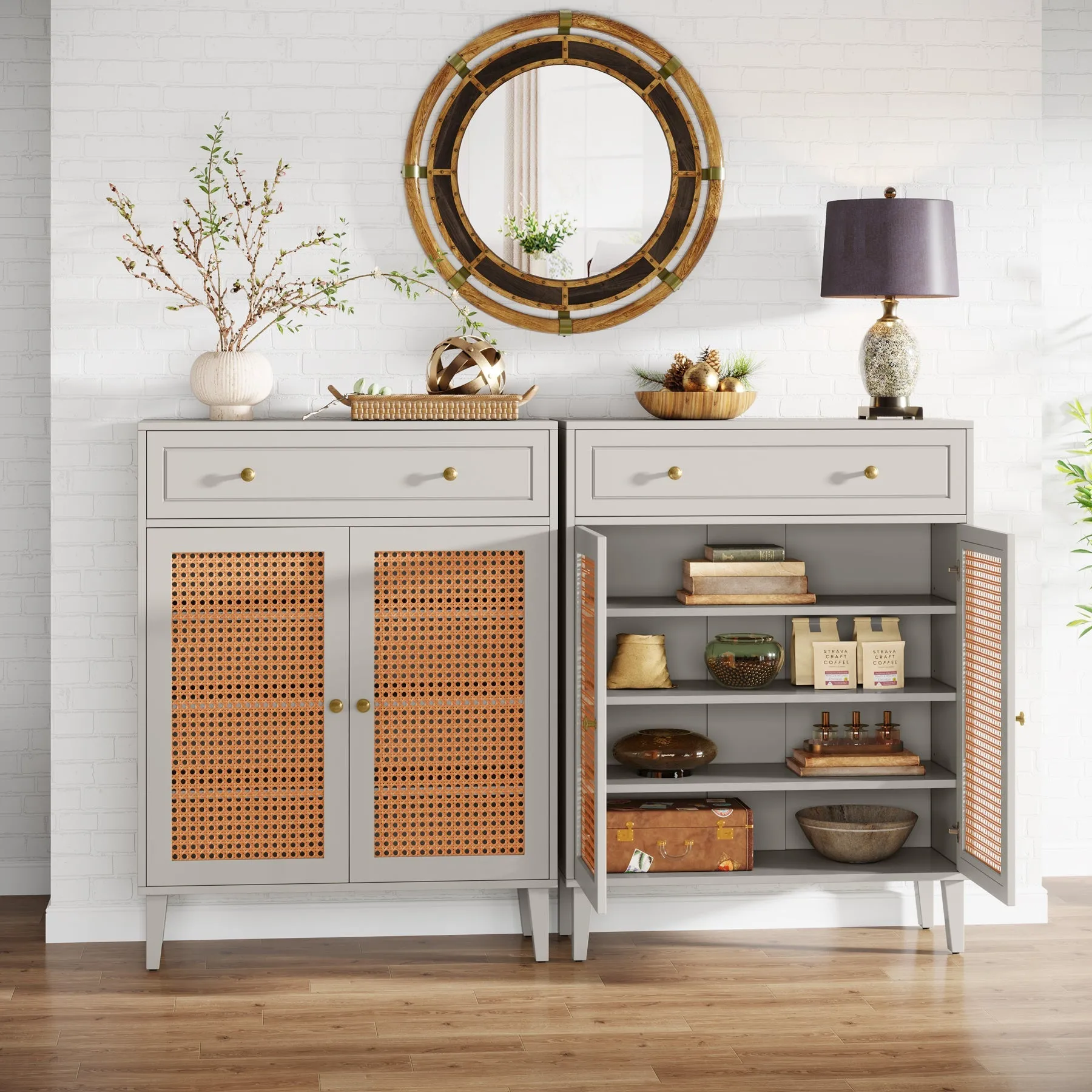 Wooden Storage Cabinet Sideboard with Adjustable Shelves and Drawer