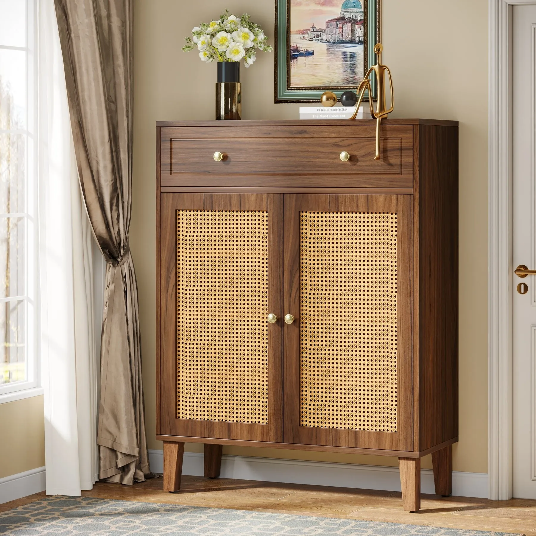 Wooden Storage Cabinet Sideboard with Adjustable Shelves and Drawer